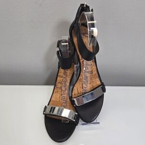 Sam Edelman Serena Wedge Sandals 7.5 Black Leather Silver Metal Indie Sleaze Y2K